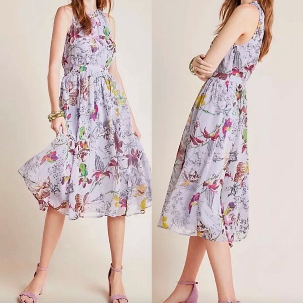 ☀️ ANTHROPOLOGIE Purple High Neck Sleeveless Floral Hermia Dress Size 4 Midi